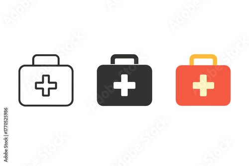 Minimalist First Aid Kit. Minimalist first aid kit icon: three identical compact first aid kits in a row, first in line style with