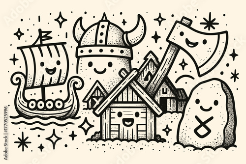 Smiling Viking Village. Joyful doodle vector artwork of a Viking village scene with longship, helmet, axe, and rune all smiling