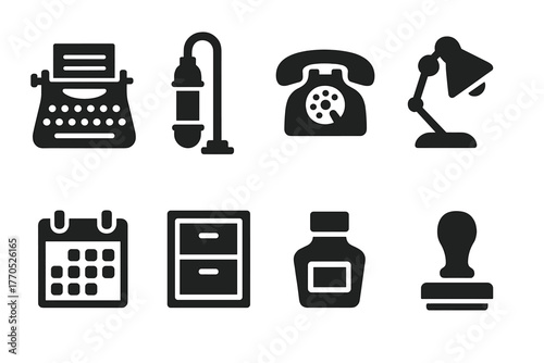 Retro Office Icons. Solid style icons of Retro Office Equipment: Typewriter, Pneumatic Tube, Rotary Phone, Lamp, Calendar, File