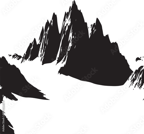 Dark jagged mountain range silhouette creating a dramatic natural landscape scene on black