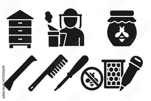 Beekeeping Tools Icons. Solid style icons of Beekeeping: Beehive, Smoker, Protective Suit, Honey Jar, Hive Tool, Bee Brush, Frame,