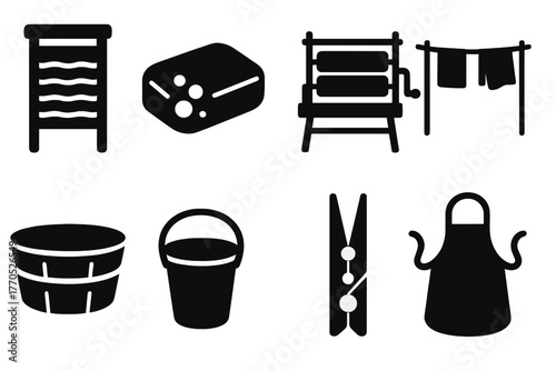 Vintage Laundry Icons. Solid style icons of Vintage Laundry: Washboard, Soap, Mangle, Clothesline, Wooden Tub, Bucket, Clothespin,