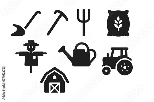 Rural Farming Icons. Solid style icons of Rural Farming: Plow, Hoe, Pitchfork, Grain Sack, Scarecrow, Watering Can, Barn, Tractor,