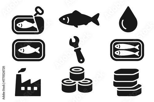 Sardine Canning Icons. Solid style icons of Sardine Canning: Tin, Fish, Oil, Label, Can Opener, Packed Fish, Factory, Stack, No