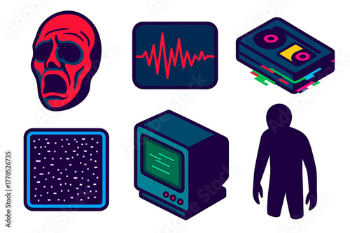Analog Horror Icons. Isometric vector illustration set Analog Horror: Distorted Face, Unknown Frequency, Glitching Tape, Static,