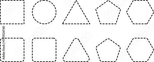 Geometric dashed line shapes collection. Dotted line Rectangle, circle, triangle and other