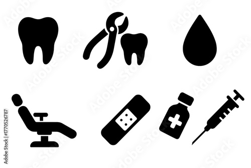 Dental Extraction Icons. Solid style icons of Dental Extraction: Tooth, Forceps, Key, Blood Drop, Chair, Bandage, Syringe, Bottle,