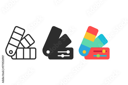 Color Grading Icons. Minimalist color grading icon: three identical color palette and sliders icons in a row, first in line style