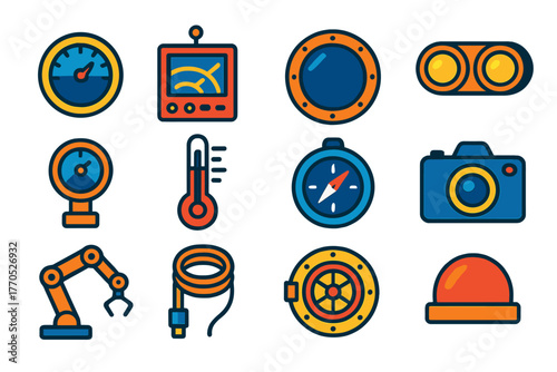 Underwater Instruments Icons. Flat vector icons of Underwater Instruments: depth gauge, sonar, porthole, lights, pressure sensor,