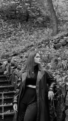 A woman in a black crop top and wide-leg pants stands by a stone wall on the steps in a park. She has her head thrown back and is relaxedly breathing in the fresh air, enjoying a moment of peace.