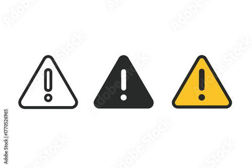 Caution Sign Evolution. Minimalist safety sign icon: three identical caution sign icons in a row, first in line style with thin