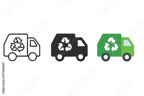 Recycling Truck Icons. Minimalist recycling truck icon: three identical recycling truck icons in a row, first in line style with