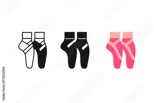 Minimalist Ballet Shoes. Minimalist toe shoe icon: three identical ballet pointe shoes in a row, first in line style with thin