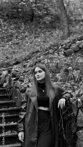 A woman in a black crop top and wide-leg pants stands by a stone wall on the steps in a park. She has her head thrown back and is relaxedly breathing in the fresh air, enjoying a moment of peace.