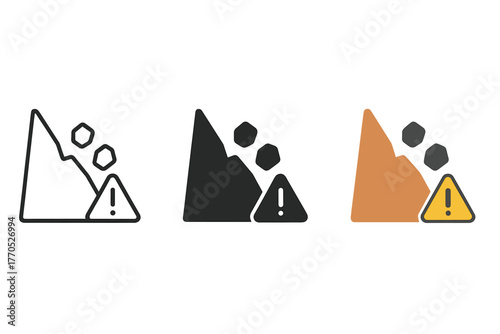 Rockfall Warning Icons. Minimalist rockfall warning icon: three identical falling rocks with alert icons in a row, first in line