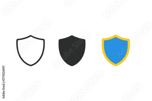 Minimalist Shield Icons. Minimalist shield icon: three identical shield icons in a row, first in line style with thin outline,