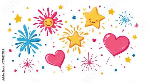 Colorful fireworks with hearts and stars cartoon vector background