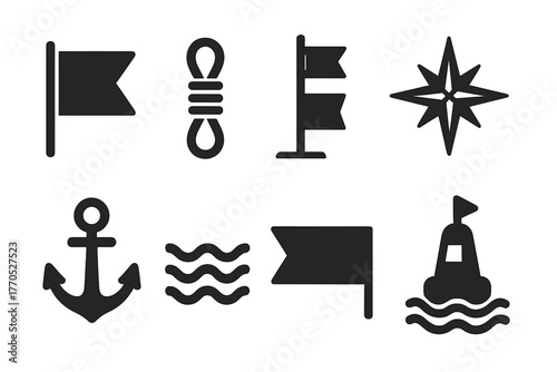 Nautical Symbols Collection. Solid style icons of Nautical Flags: Signal Flag, Rope Hoist, Ship Mast, Compass Rose, Anchor Symbol,