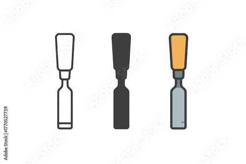 Minimalist Chisel Icons. Minimalist chisel icon: three identical wood chisels in a row, first in line style with thin outline,