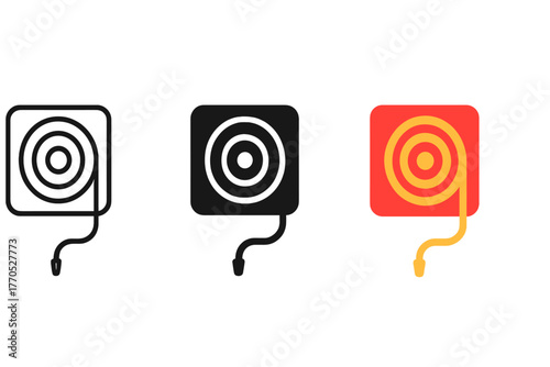 Minimalist Hose Reel Icons. Minimalist hose reel icon: three identical fire hose reel icons in a row, first in line style with