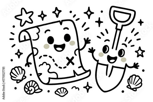 Joyful Treasure Map Chat. Playful doodle vector scene of a treasure map and shovel chatting joyfully, with doodle seashells, stars