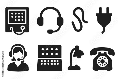 Vintage Tech Icons. Solid style icons of Vintage Office Tech: Switchboard, Headset, Cord, Plug, Operator, Panel, Light, Telephone,