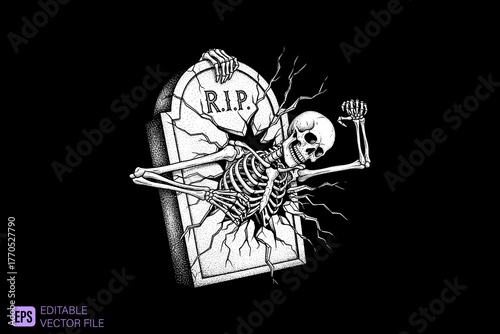 Skeleton breaking out of a tombstone with RIP inscription.