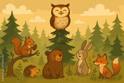 Owl's Woodland Watch. Smiling owl perched atop a pine tree, watching over a woodland full of happy animals