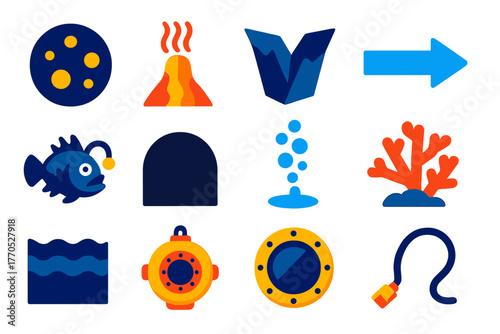 Ocean Phenomena Icons. Flat vector icons of Ocean Phenomena: bioluminescence, hydrothermal vent, deep trench, cold current,