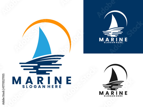 Marine with boat and sun logo design vector template