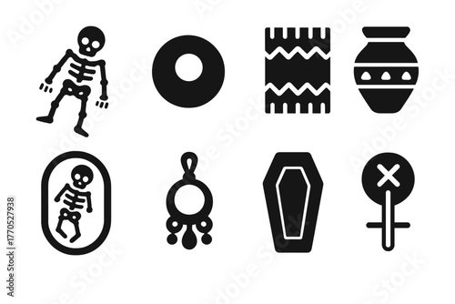 Ancient Burial Icons. Solid style icons of Ancient Burial: Human Skeleton, Stone Bead, Woven Cloth, Clay Pot, Burial Pit, Jewelry