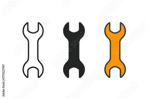 Minimalist Wrench Icons. Minimalist wrench icon: three identical open-end wrenches in a row, first in line style with thin outline