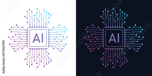 Artificial Intelligence AI Chip in Human Brain. Artificial Intelligence icon with Machine learning, digital skills, generative AI, AI technology, algorithm, virtual intelligence and future	