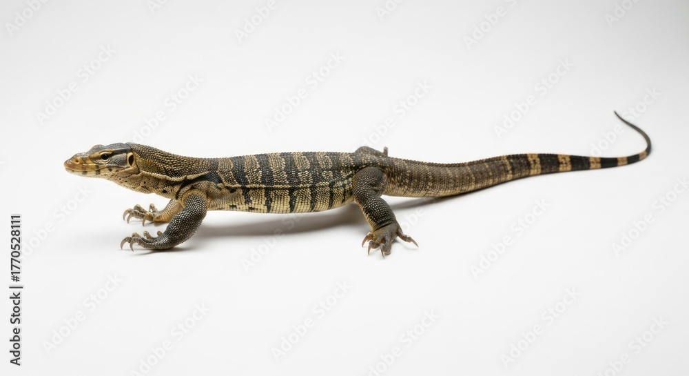 Fototapeta premium Striped lizard with short legs and a long tail, against a white backdrop