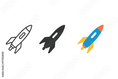 Minimalist Spaceship Trio. Minimalist spaceship icon: three identical futuristic spaceships in side view with fins in a row, first