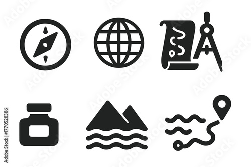 Cartography Icon Set. Solid style icons of Cartography: Compass, Globe, Map Scroll, Divider Tool, Inkwell, Mountains, Sea Waves,