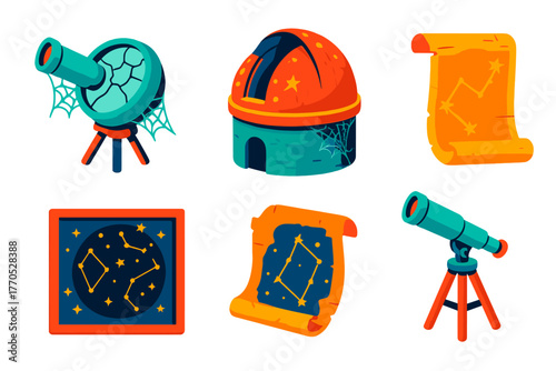 Abandoned Observatory Icons. Isometric vector illustration set Abandoned Observatory: Broken Lens, Cobwebs, Dusty Dome, Old Chart,