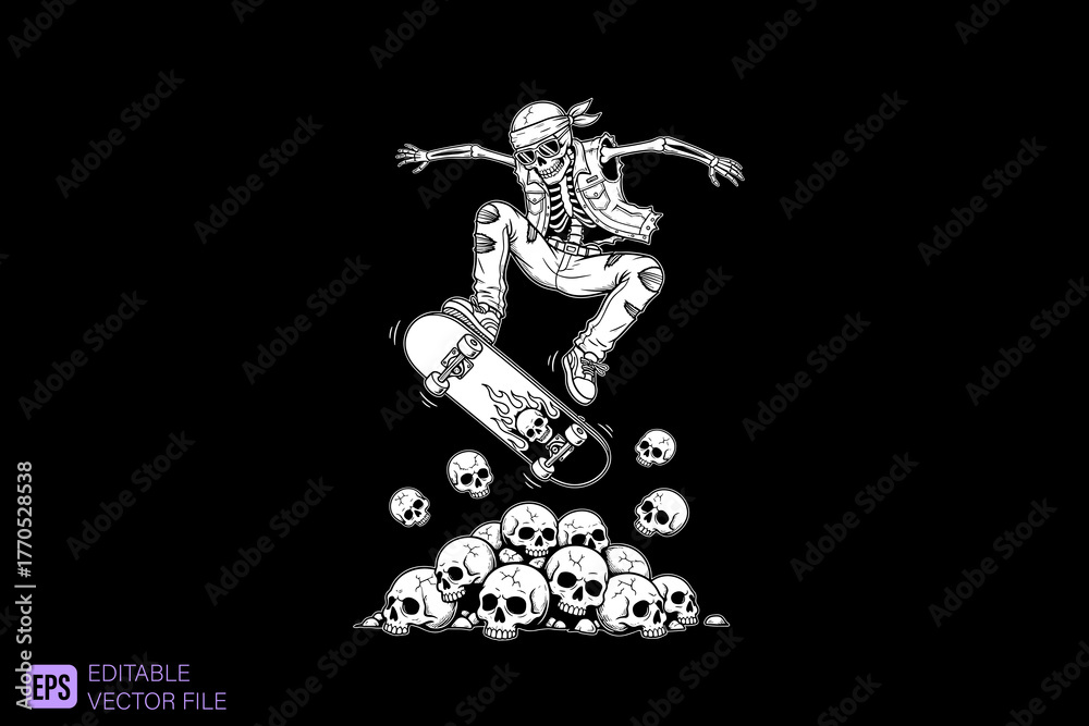 Fototapeta premium Skeleton Skateboarder Performing an Ollie Over a Pile of Skulls.