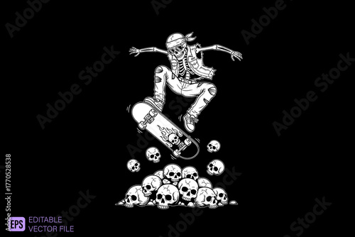 Skeleton Skateboarder Performing an Ollie Over a Pile of Skulls.