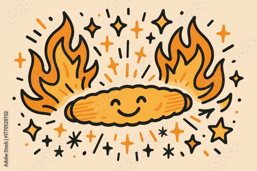 Joyful Weld Doodle. Delightful doodle vector artwork of a smiling weld bead surrounded by cheerful doodle flames, stars, and