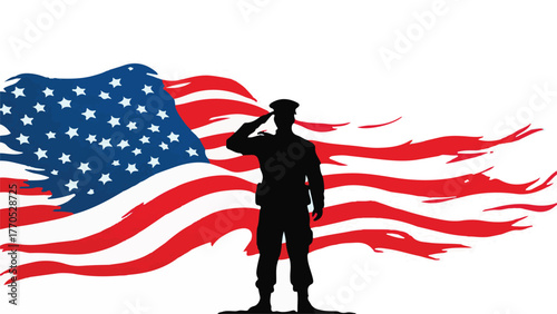 Soldier Saluting American Flag Illustration - Veteran Day