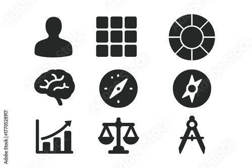 Character Typology Icons. Solid style icons of Character Typology: Human Silhouette, Symbol Grid, Personality Wheel, Brain,