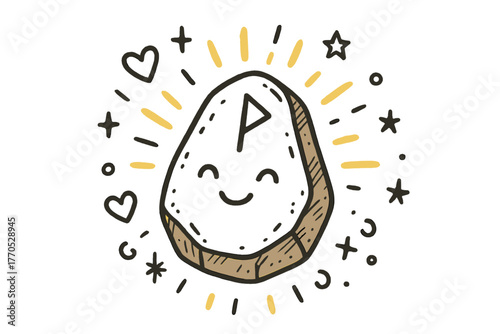 Smiling Rune Stone. Charming doodle vector composition of a magical rune stone with a smiling face, glowing with doodle sparkles,