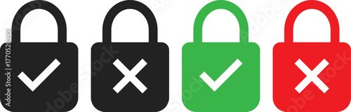 locked icon set. Lock icon with check mark and cross mark symbol. Privacy or protection icons collection. Safety sign