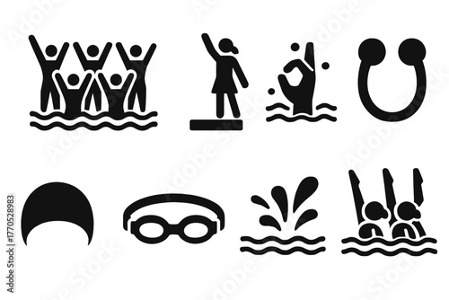 Aquatic Team Icons. Solid style icons of Aquatic Team Performance: Formation, Deck Work, Underwater Gesture, Nose Clip, Swim Cap,