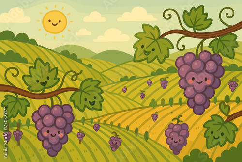 Smiling Vineyard Vista. Adorable vineyard scene with rolling hills, tiny smiling grape clusters, and waving vine leaves