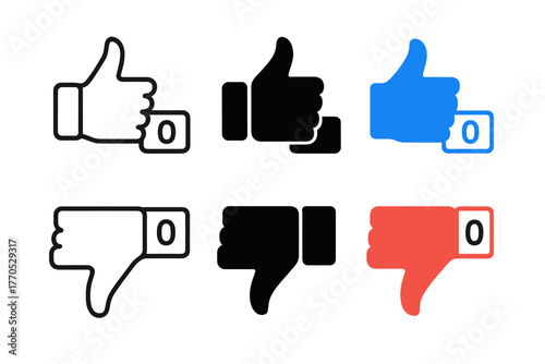 Like and Dislike Icons. Linear minimalistic like counter icon: thumb up with number box outline, uniform line thickness, no fill,