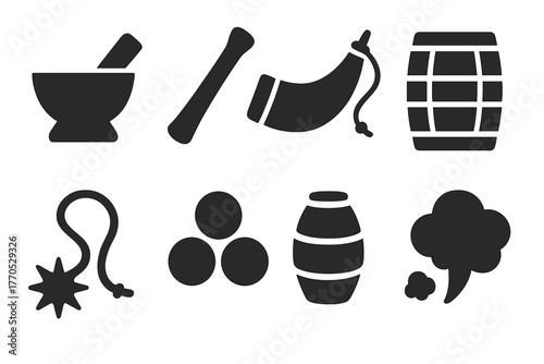Black Powder Icons. Solid style icons of Black Powder: Mortar, Pestle, Gunpowder Horn, Match Cord, Cannonball, Barrel, Spark,