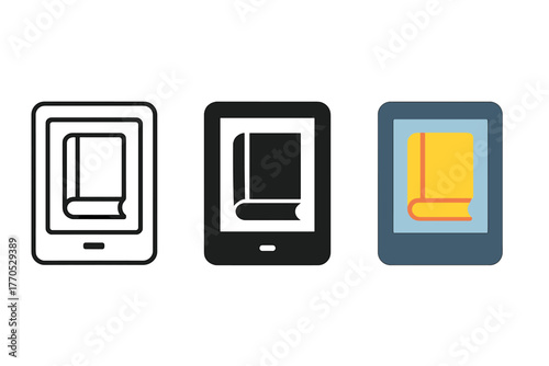 Tablet Book Icons. Minimalist digital library icon: three identical tablet with book icons in a row, first in line style with thin