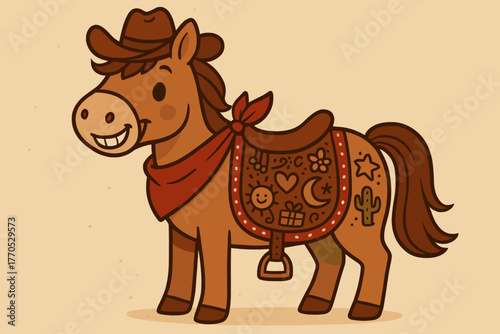 Grinning Cowboy Horse. Cute cowboy horse with a friendly grin, decorated saddle full of little doodle charms
